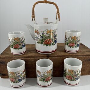 Teapot & Five Cup Set Vintage Otigiri Empress Peacock Original Sticker Japan
